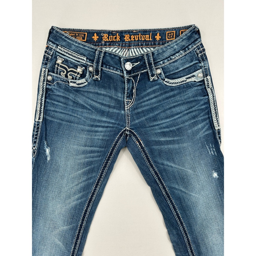Rock Revival Denisa Bootcut Jeans Blue Distressed Embellished Size 27